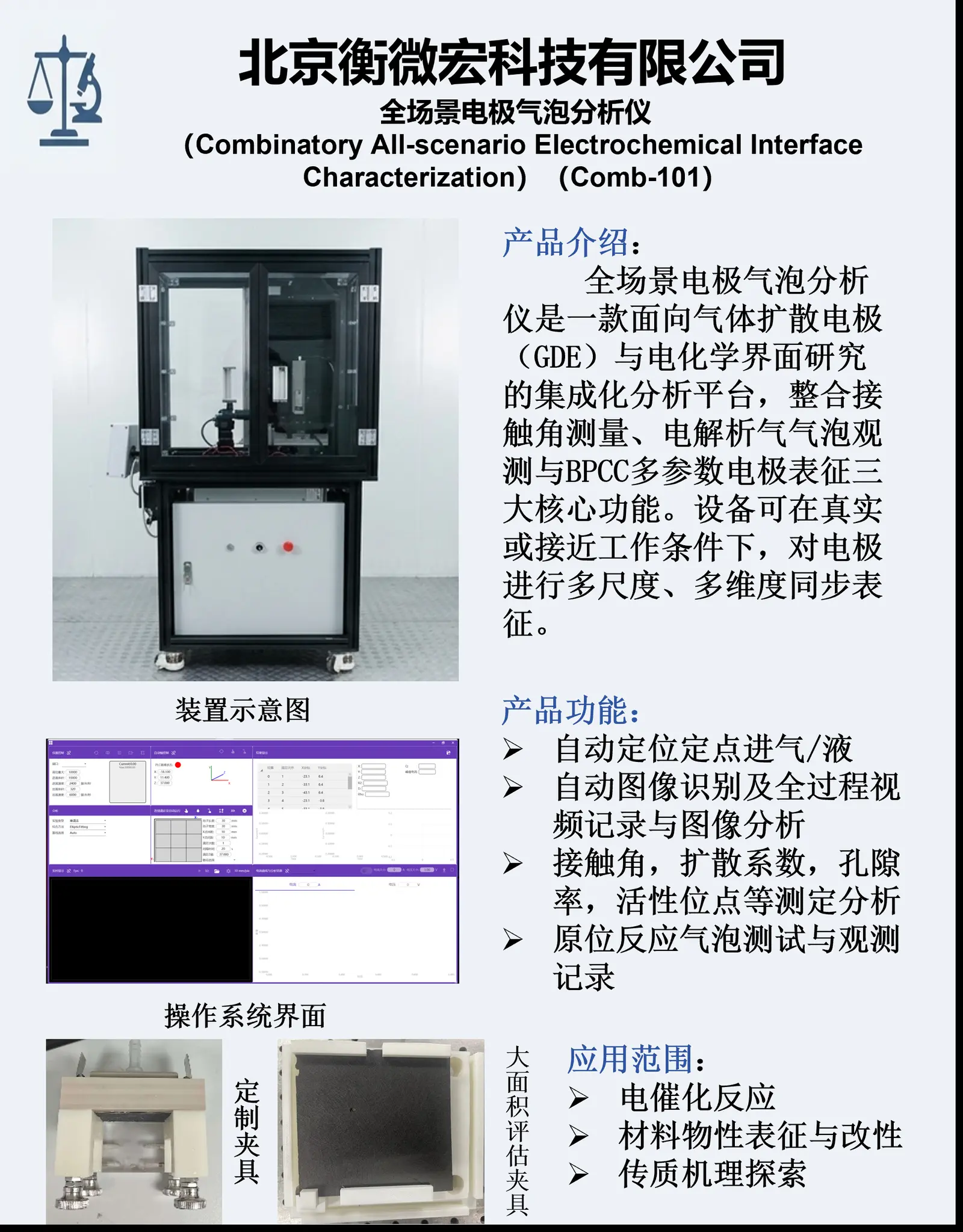 Comb-101 设备总览:接触角、析气观测与 BPCC 三条测量线集成于同一平台