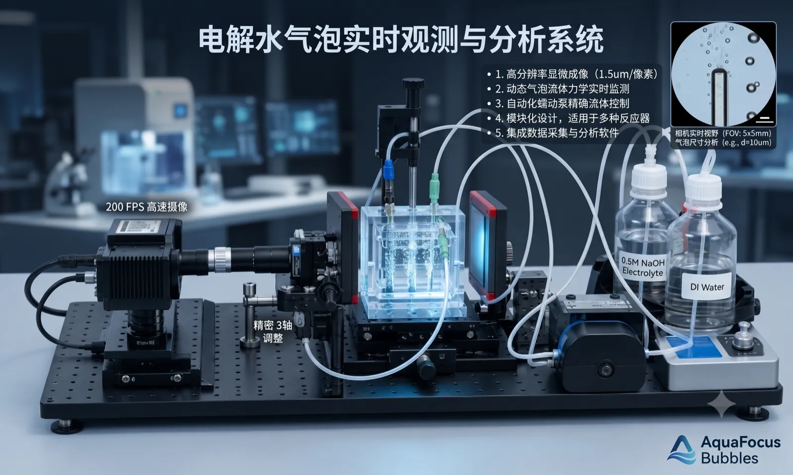 WEBA-101 电解水气泡实时观测与分析系统：高速摄像、精密三轴调整与流体控制